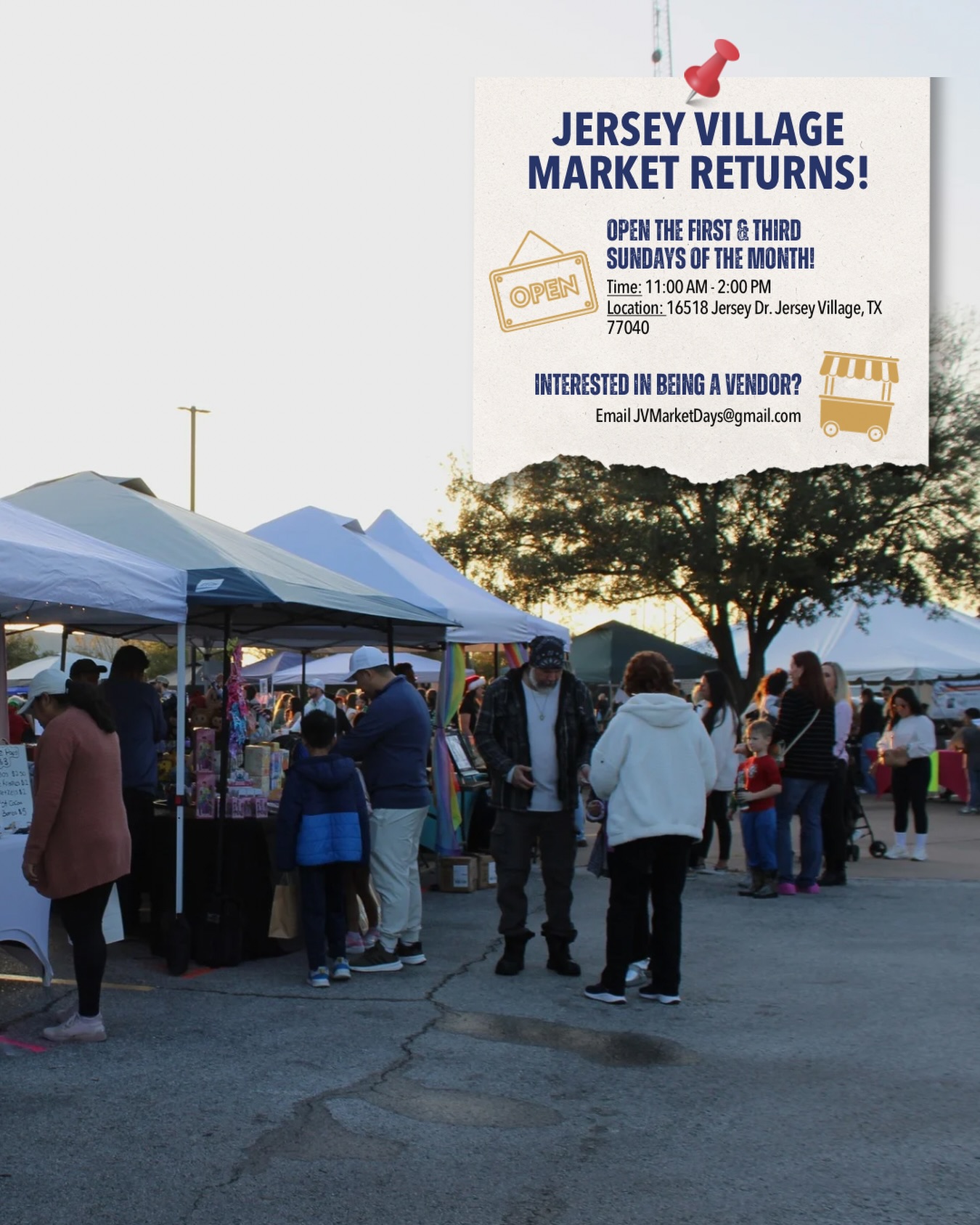 📣 BIG NEWS! The Jersey Village Market is back starting January 4th! 🍅🧺

🗓 First & Third Sundays
⏰ 11:00 AM – 2:00 PM
📍Jersey Village City Hall: 16327 Lakeview Dr.

Come out and shop local! 🛍️

#FarmersMarket #JerseyVillage #SupportLocal #ShopSmall #jerseyvillagefarmersmarket