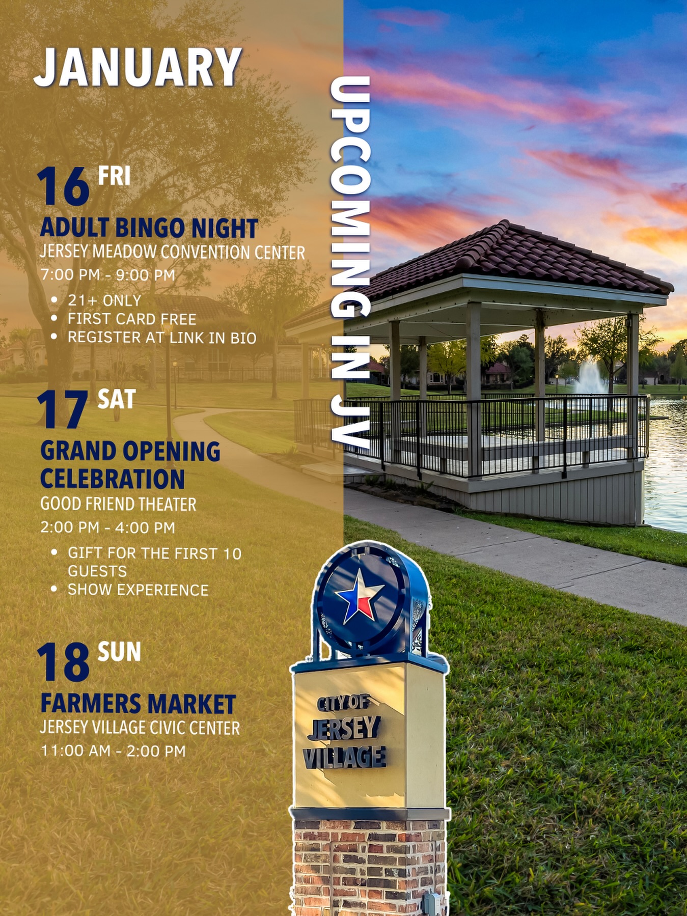 Weekend plans, covered ✔️

🎱 Fri: Adult Bingo Night (21+) Register at the link in our bio!
🎉 Sat: Grand Opening Celebration at Good Friend Theater
🧺 Sun: Jersey Village Farmers Market

 💬 What else is happening this weekend? Drop it in the comments and help spread the word. 👇

#JerseyVillageTX #WeekendPlans #supportlocal #thingstodoinhouston